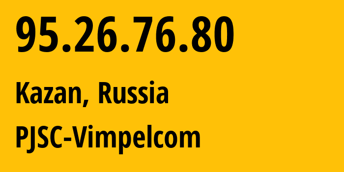 IP-адрес 95.26.76.80 (Казань, Татарстан, Россия) определить местоположение, координаты на карте, ISP провайдер AS29125 PJSC-Vimpelcom // кто провайдер айпи-адреса 95.26.76.80