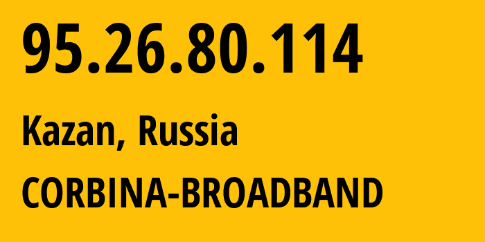 IP address 95.26.80.114 (Kazan, Tatarstan Republic, Russia) get location, coordinates on map, ISP provider AS29125 CORBINA-BROADBAND // who is provider of ip address 95.26.80.114, whose IP address