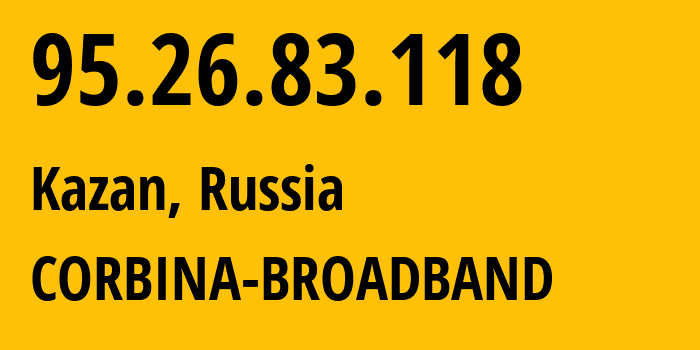 IP address 95.26.83.118 (Kazan, Tatarstan Republic, Russia) get location, coordinates on map, ISP provider AS29125 CORBINA-BROADBAND // who is provider of ip address 95.26.83.118, whose IP address