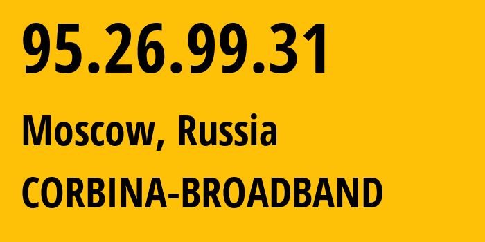 IP-адрес 95.26.99.31 (Ульяновск, Ульяновская Область, Россия) определить местоположение, координаты на карте, ISP провайдер AS8402 CORBINA-BROADBAND // кто провайдер айпи-адреса 95.26.99.31