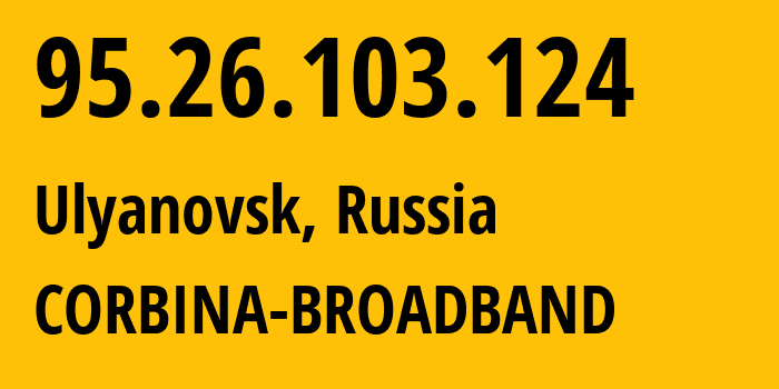 IP-адрес 95.26.103.124 (Ульяновск, Ульяновская Область, Россия) определить местоположение, координаты на карте, ISP провайдер AS8402 CORBINA-BROADBAND // кто провайдер айпи-адреса 95.26.103.124