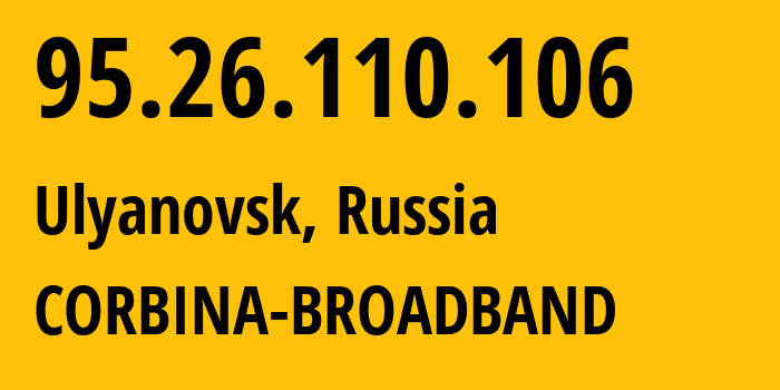 IP-адрес 95.26.110.106 (Саратов, Саратовская Область, Россия) определить местоположение, координаты на карте, ISP провайдер AS8402 CORBINA-BROADBAND // кто провайдер айпи-адреса 95.26.110.106