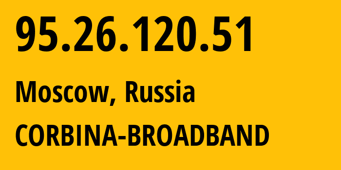 IP address 95.26.120.51 (Moscow, Moscow, Russia) get location, coordinates on map, ISP provider AS8402 CORBINA-BROADBAND // who is provider of ip address 95.26.120.51, whose IP address