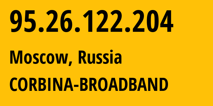 IP address 95.26.122.204 (Moscow, Moscow, Russia) get location, coordinates on map, ISP provider AS8402 CORBINA-BROADBAND // who is provider of ip address 95.26.122.204, whose IP address