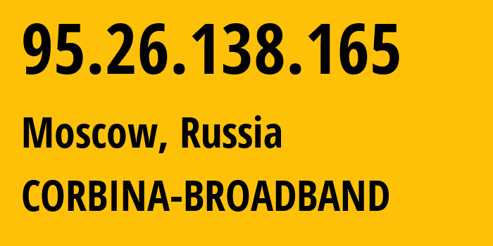 IP address 95.26.138.165 (Moscow, Moscow, Russia) get location, coordinates on map, ISP provider AS8402 CORBINA-BROADBAND // who is provider of ip address 95.26.138.165, whose IP address