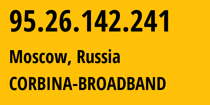 IP-адрес 95.26.142.241 (Москва, Москва, Россия) определить местоположение, координаты на карте, ISP провайдер AS8402 CORBINA-BROADBAND // кто провайдер айпи-адреса 95.26.142.241