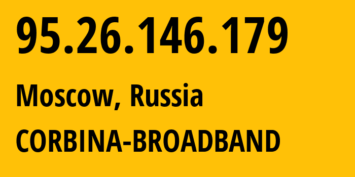 IP-адрес 95.26.146.179 (Москва, Москва, Россия) определить местоположение, координаты на карте, ISP провайдер AS8402 CORBINA-BROADBAND // кто провайдер айпи-адреса 95.26.146.179