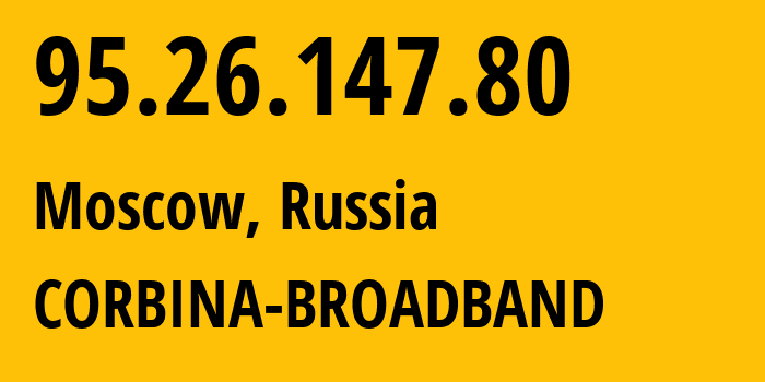 IP-адрес 95.26.147.80 (Москва, Москва, Россия) определить местоположение, координаты на карте, ISP провайдер AS8402 CORBINA-BROADBAND // кто провайдер айпи-адреса 95.26.147.80