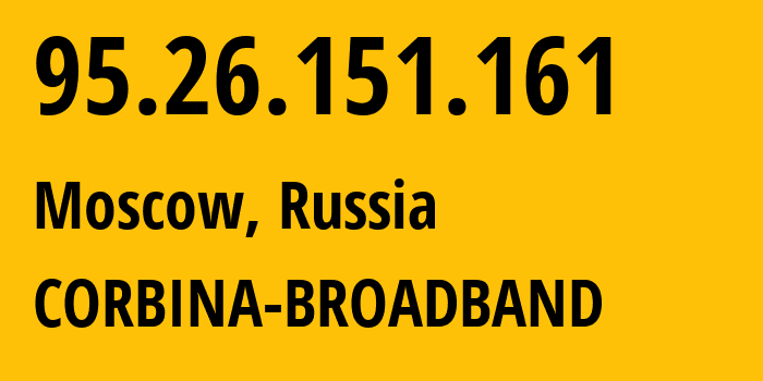 IP-адрес 95.26.151.161 (Москва, Москва, Россия) определить местоположение, координаты на карте, ISP провайдер AS8402 CORBINA-BROADBAND // кто провайдер айпи-адреса 95.26.151.161