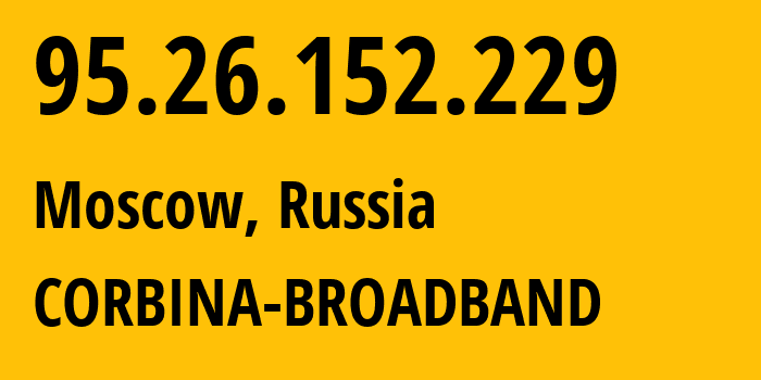 IP-адрес 95.26.152.229 (Москва, Москва, Россия) определить местоположение, координаты на карте, ISP провайдер AS8402 CORBINA-BROADBAND // кто провайдер айпи-адреса 95.26.152.229