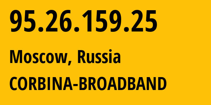 IP address 95.26.159.25 (Moscow, Moscow, Russia) get location, coordinates on map, ISP provider AS8402 CORBINA-BROADBAND // who is provider of ip address 95.26.159.25, whose IP address