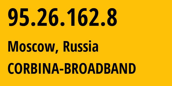 IP-адрес 95.26.162.8 (Москва, Москва, Россия) определить местоположение, координаты на карте, ISP провайдер AS3216 CORBINA-BROADBAND // кто провайдер айпи-адреса 95.26.162.8