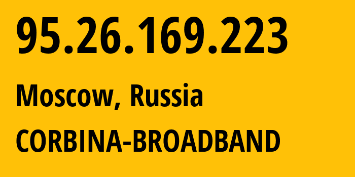 IP-адрес 95.26.169.223 (Москва, Москва, Россия) определить местоположение, координаты на карте, ISP провайдер AS3216 CORBINA-BROADBAND // кто провайдер айпи-адреса 95.26.169.223
