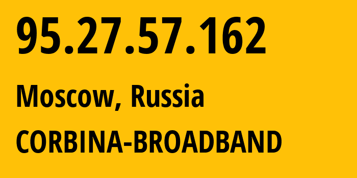 IP-адрес 95.27.57.162 (Москва, Москва, Россия) определить местоположение, координаты на карте, ISP провайдер AS8402 CORBINA-BROADBAND // кто провайдер айпи-адреса 95.27.57.162