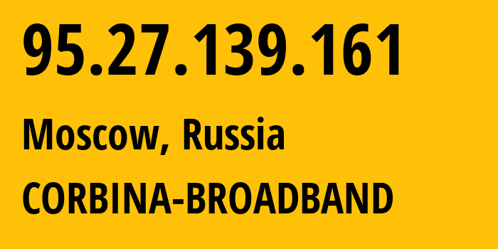 IP address 95.27.139.161 (Moscow, Moscow, Russia) get location, coordinates on map, ISP provider AS8402 CORBINA-BROADBAND // who is provider of ip address 95.27.139.161, whose IP address