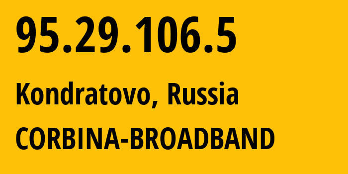 IP-адрес 95.29.106.5 (Кондратово, Пермский край, Россия) определить местоположение, координаты на карте, ISP провайдер AS8402 CORBINA-BROADBAND // кто провайдер айпи-адреса 95.29.106.5