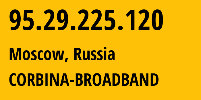 IP-адрес 95.29.225.120 (Москва, Москва, Россия) определить местоположение, координаты на карте, ISP провайдер AS8402 CORBINA-BROADBAND // кто провайдер айпи-адреса 95.29.225.120