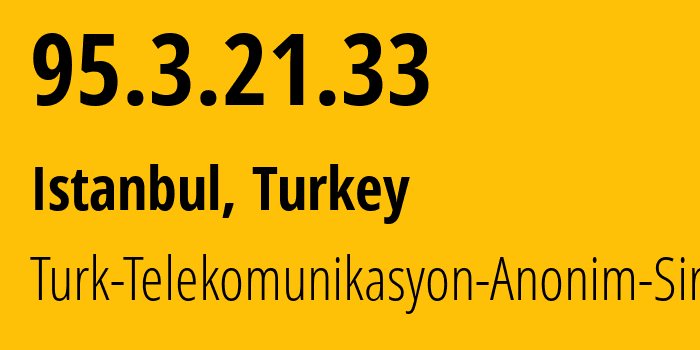 IP-адрес 95.3.21.33 (Стамбул, Стамбул, Турция) определить местоположение, координаты на карте, ISP провайдер AS9121 Turk-Telekomunikasyon-Anonim-Sirketi // кто провайдер айпи-адреса 95.3.21.33