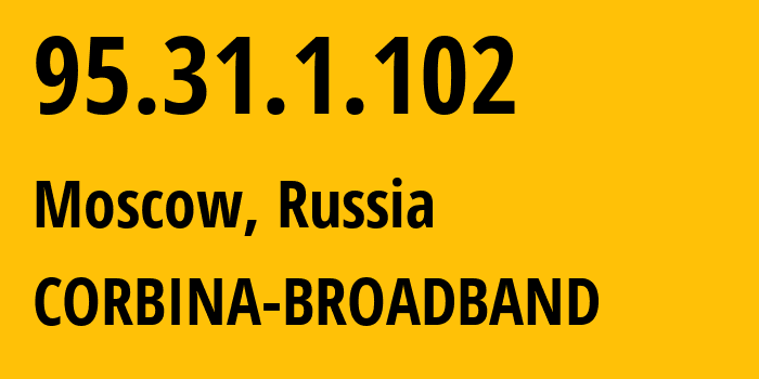 IP address 95.31.1.102 (Moscow, Moscow, Russia) get location, coordinates on map, ISP provider AS8402 CORBINA-BROADBAND // who is provider of ip address 95.31.1.102, whose IP address