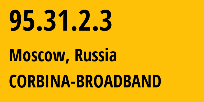 IP address 95.31.2.3 (Moscow, Moscow, Russia) get location, coordinates on map, ISP provider AS8402 CORBINA-BROADBAND // who is provider of ip address 95.31.2.3, whose IP address