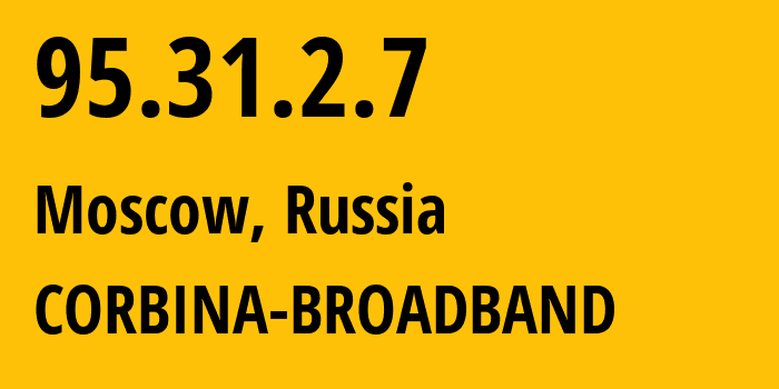 IP address 95.31.2.7 (Moscow, Moscow, Russia) get location, coordinates on map, ISP provider AS8402 CORBINA-BROADBAND // who is provider of ip address 95.31.2.7, whose IP address