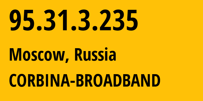 IP address 95.31.3.235 (Moscow, Moscow, Russia) get location, coordinates on map, ISP provider AS8402 CORBINA-BROADBAND // who is provider of ip address 95.31.3.235, whose IP address