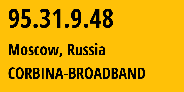 IP-адрес 95.31.9.48 (Москва, Москва, Россия) определить местоположение, координаты на карте, ISP провайдер AS8402 CORBINA-BROADBAND // кто провайдер айпи-адреса 95.31.9.48