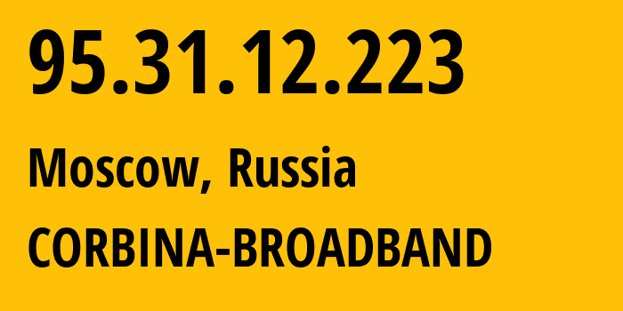 IP address 95.31.12.223 (Moscow, Moscow, Russia) get location, coordinates on map, ISP provider AS8402 CORBINA-BROADBAND // who is provider of ip address 95.31.12.223, whose IP address