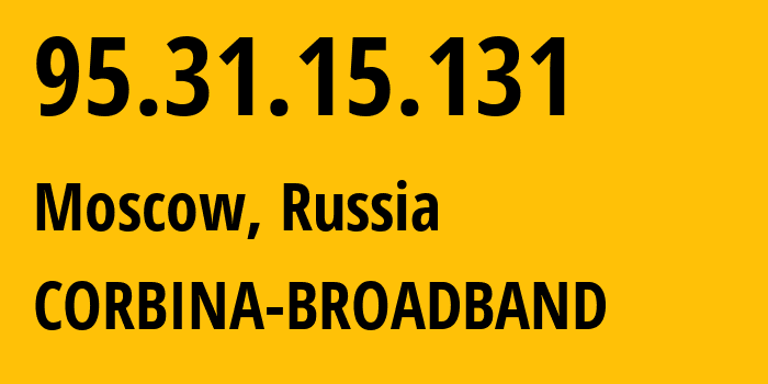 IP address 95.31.15.131 (Moscow, Moscow, Russia) get location, coordinates on map, ISP provider AS8402 CORBINA-BROADBAND // who is provider of ip address 95.31.15.131, whose IP address