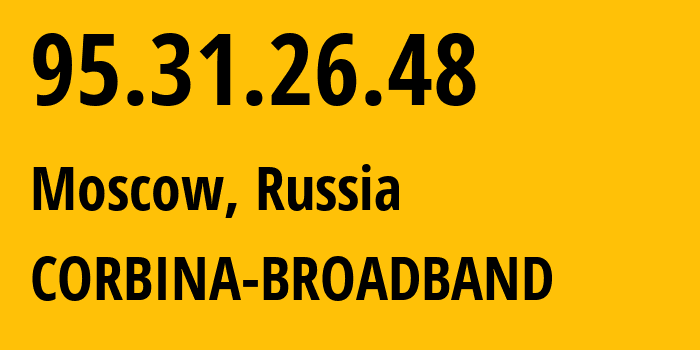IP-адрес 95.31.26.48 (Москва, Москва, Россия) определить местоположение, координаты на карте, ISP провайдер AS8402 CORBINA-BROADBAND // кто провайдер айпи-адреса 95.31.26.48