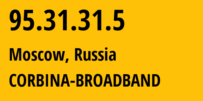 IP address 95.31.31.5 (Moscow, Moscow, Russia) get location, coordinates on map, ISP provider AS8402 CORBINA-BROADBAND // who is provider of ip address 95.31.31.5, whose IP address