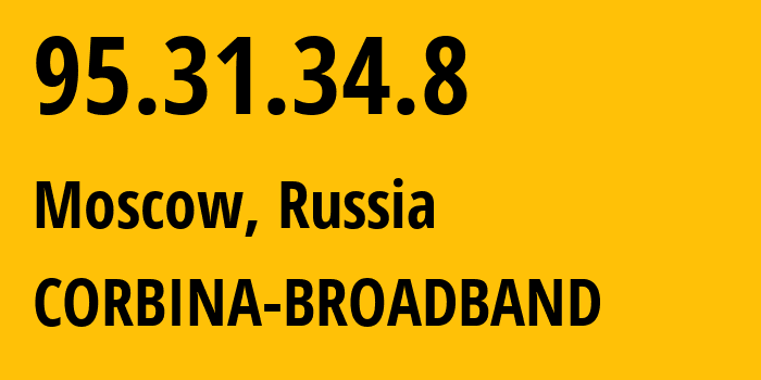 IP-адрес 95.31.34.8 (Москва, Москва, Россия) определить местоположение, координаты на карте, ISP провайдер AS8402 CORBINA-BROADBAND // кто провайдер айпи-адреса 95.31.34.8