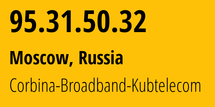 IP-адрес 95.31.50.32 (Москва, Москва, Россия) определить местоположение, координаты на карте, ISP провайдер AS3216 Corbina-Broadband-Kubtelecom // кто провайдер айпи-адреса 95.31.50.32
