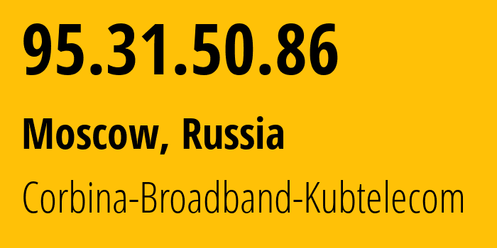 IP-адрес 95.31.50.86 (Москва, Москва, Россия) определить местоположение, координаты на карте, ISP провайдер AS3216 Corbina-Broadband-Kubtelecom // кто провайдер айпи-адреса 95.31.50.86