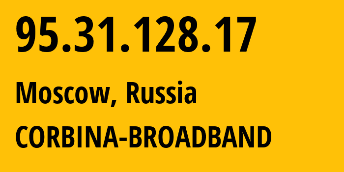 IP-адрес 95.31.128.17 (Москва, Москва, Россия) определить местоположение, координаты на карте, ISP провайдер AS8402 CORBINA-BROADBAND // кто провайдер айпи-адреса 95.31.128.17