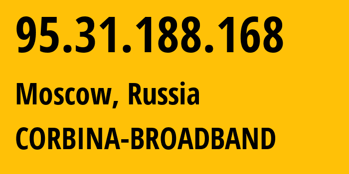 IP-адрес 95.31.188.168 (Москва, Москва, Россия) определить местоположение, координаты на карте, ISP провайдер AS8402 CORBINA-BROADBAND // кто провайдер айпи-адреса 95.31.188.168