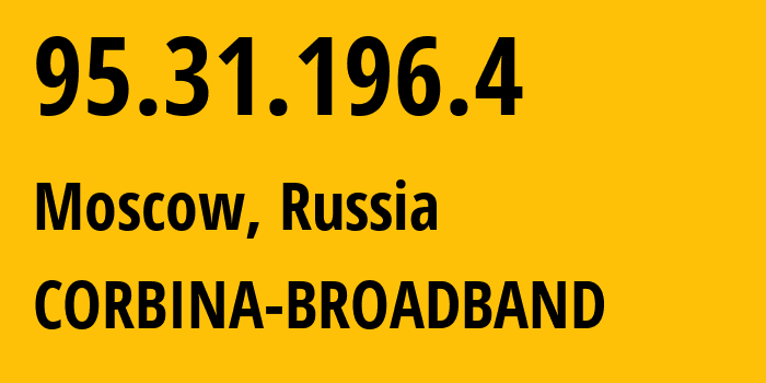 IP-адрес 95.31.196.4 (Москва, Москва, Россия) определить местоположение, координаты на карте, ISP провайдер AS8402 CORBINA-BROADBAND // кто провайдер айпи-адреса 95.31.196.4