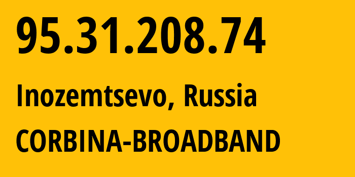 IP-адрес 95.31.208.74 (Иноземцево, Ставрополье, Россия) определить местоположение, координаты на карте, ISP провайдер AS8402 CORBINA-BROADBAND // кто провайдер айпи-адреса 95.31.208.74