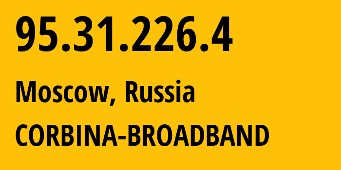 IP-адрес 95.31.226.4 (Москва, Москва, Россия) определить местоположение, координаты на карте, ISP провайдер AS8402 CORBINA-BROADBAND // кто провайдер айпи-адреса 95.31.226.4
