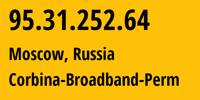 IP-адрес 95.31.252.64 (Москва, Москва, Россия) определить местоположение, координаты на карте, ISP провайдер AS8402 Corbina-Broadband-Perm // кто провайдер айпи-адреса 95.31.252.64