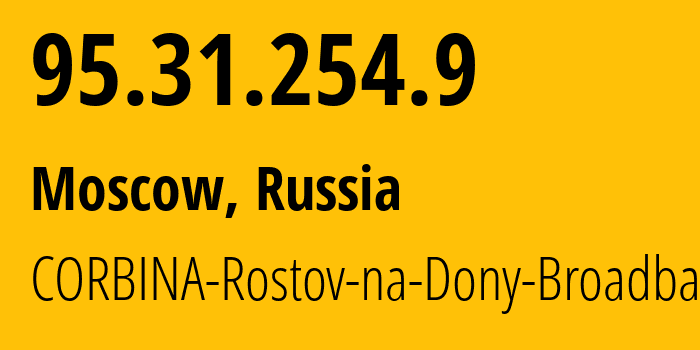 IP-адрес 95.31.254.9 (Москва, Москва, Россия) определить местоположение, координаты на карте, ISP провайдер AS8402 CORBINA-Rostov-na-Dony-Broadband // кто провайдер айпи-адреса 95.31.254.9