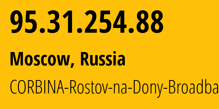 IP-адрес 95.31.254.88 (Москва, Москва, Россия) определить местоположение, координаты на карте, ISP провайдер AS8402 CORBINA-Rostov-na-Dony-Broadband // кто провайдер айпи-адреса 95.31.254.88