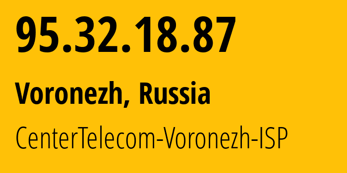 IP address 95.32.18.87 (Voronezh, Voronezh Oblast, Russia) get location, coordinates on map, ISP provider AS12389 CenterTelecom-Voronezh-ISP // who is provider of ip address 95.32.18.87, whose IP address