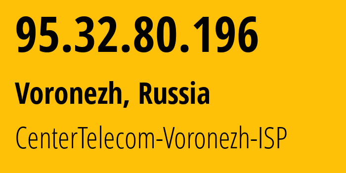 IP address 95.32.80.196 (Voronezh, Voronezh Oblast, Russia) get location, coordinates on map, ISP provider AS12389 CenterTelecom-Voronezh-ISP // who is provider of ip address 95.32.80.196, whose IP address