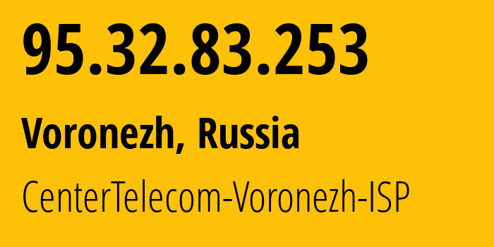 IP address 95.32.83.253 (Voronezh, Voronezh Oblast, Russia) get location, coordinates on map, ISP provider AS12389 CenterTelecom-Voronezh-ISP // who is provider of ip address 95.32.83.253, whose IP address