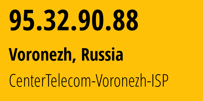 IP-адрес 95.32.90.88 (Воронеж, Воронежская Область, Россия) определить местоположение, координаты на карте, ISP провайдер AS12389 CenterTelecom-Voronezh-ISP // кто провайдер айпи-адреса 95.32.90.88