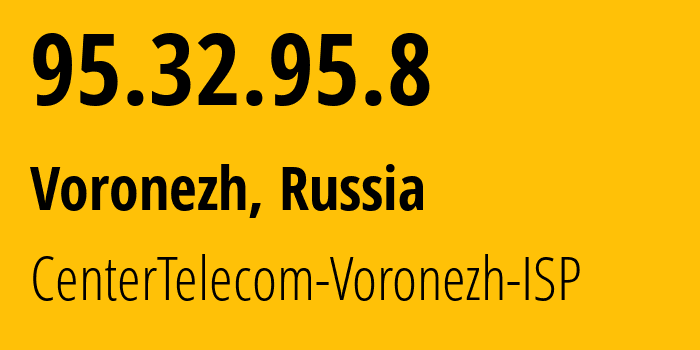 IP address 95.32.95.8 (Voronezh, Voronezh Oblast, Russia) get location, coordinates on map, ISP provider AS12389 CenterTelecom-Voronezh-ISP // who is provider of ip address 95.32.95.8, whose IP address