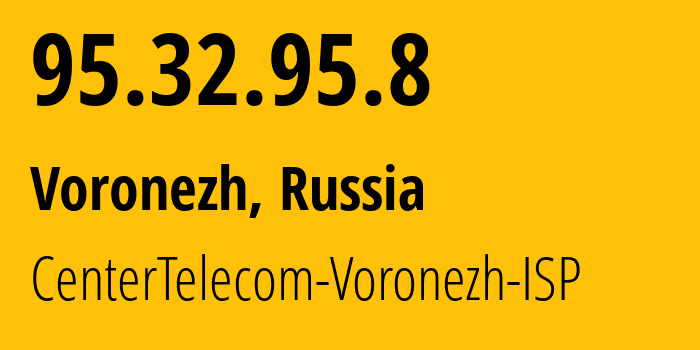 IP-адрес 95.32.95.8 (Воронеж, Воронежская Область, Россия) определить местоположение, координаты на карте, ISP провайдер AS12389 CenterTelecom-Voronezh-ISP // кто провайдер айпи-адреса 95.32.95.8