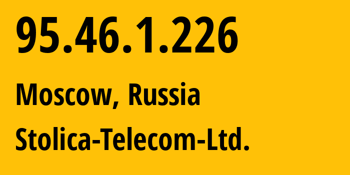 IP address 95.46.1.226 (Moscow, Moscow, Russia) get location, coordinates on map, ISP provider AS62366 Stolica-Telecom-Ltd. // who is provider of ip address 95.46.1.226, whose IP address