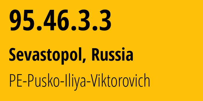 IP-адрес 95.46.3.3 (Севастополь, Севастополь, Россия) определить местоположение, координаты на карте, ISP провайдер AS8381 PE-Pusko-Iliya-Viktorovich // кто провайдер айпи-адреса 95.46.3.3